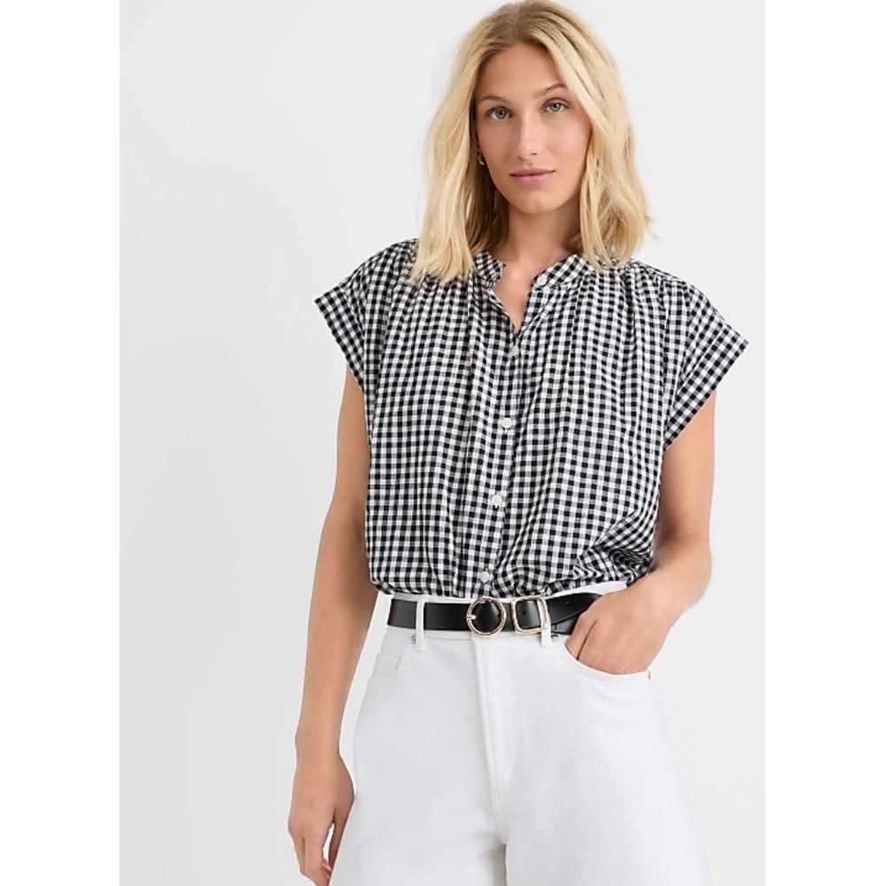 LOFT Womens Black White Gingham Cotton Short Sleeve Button Down Blouse Size M